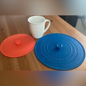Le Creuset Orange & Blue Silicone Lids with White Mug